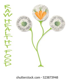 Three icons for theme raw food and the words healthy raw food