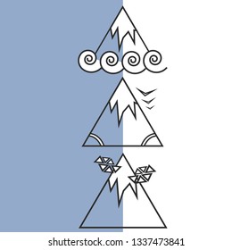 Three icons of a translucent mountain with a snow peak (with white clouds of triangles, with white spiral waves, with three white birds and white stripes) on a two-color background