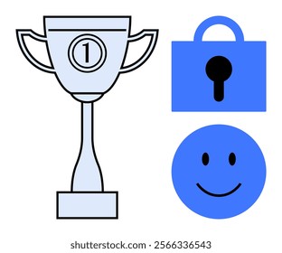 Three icons are visible a trophy, a padlock, and a happy face. Ideal for themes like achievement, security, motivation, success, and happiness. Simple vector style with black and blue colours