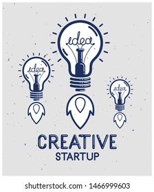Three idea light bulbs launching like a rockets vector linear logo or poster, creative idea startup, science invention or research lightbulb, new business start.