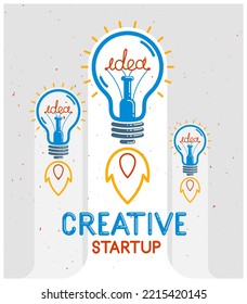 Three idea light launching like a rockets vector linear logo or poster, creative idea startup, science invention or research lightbulb, new business start.
