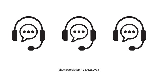 Three identical black icons of a headset combined with a chat bubble, symbolizing customer service and telemarketing.