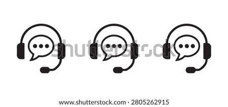 Three identical black icons of a headset combined with a chat bubble, symbolizing customer service and telemarketing.