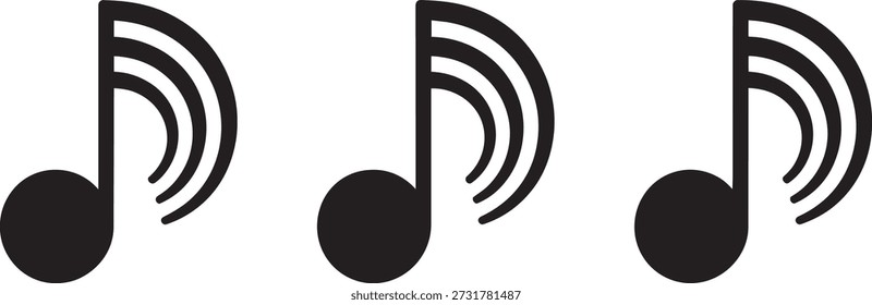Three identical black musical notes featuring beamed eighth notes and sound wave symbols. Ideal for illustrating concepts of sound, music, and audio transmission on a transparent background.