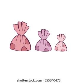 Three identical candies of different sizes. Cute candies. Vector hand made illustration. Isolated on white.