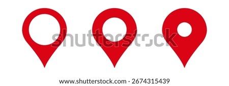 Three identical red map markers are arranged horizontally, each shaped like a droplet with a hole.