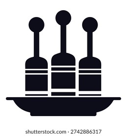 Three Identical Stylized Bottles With Round Tops And Striped Bodies Stand On A Tray