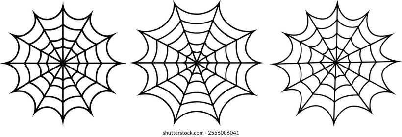 Three Identical Stylized Spiderwebs in Black and White Line Art Style