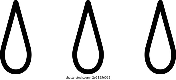Three identical teardrop shapes are aligned horizontally in a clean line drawing. Each droplet is outlined with a smooth, bold contour. Cartoon vector illustration.