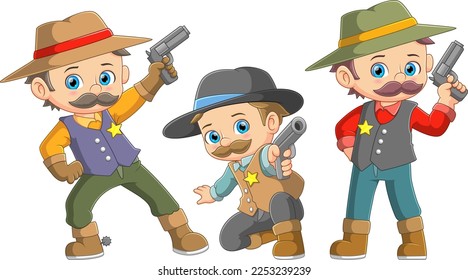 Three identical twin cowboys posing with gun of illustration