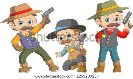 Three identical twin cowboys posing with gun of illustration