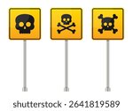 Three identical warning signs with yellow backgrounds stand side-by-side, each mounted on a metal pole, featuring various skull and crossbones designs, cautioning of danger.