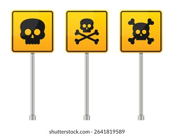 Three identical warning signs with yellow backgrounds stand side-by-side, each mounted on a metal pole, featuring various skull and crossbones designs, cautioning of danger.