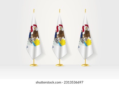 Three Illinois flags in a row on a golden stand, illustration of press conference and other meetings. Vector illustration.