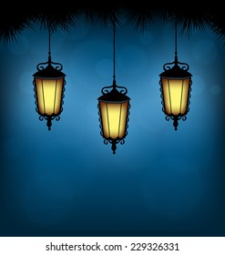 Three illuminated lanterns with pine branches on blue background