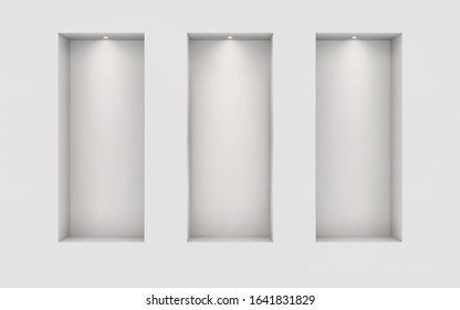 Three illuminated niches on a white wall. Place for an exhibition. Top view mockup template for design. Light effect on a separate layer. Vector.