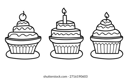 Três cupcakes ilustrados com diferentes designs, um com uma cereja no topo, um com uma vela e um com redemoinhos de glacê