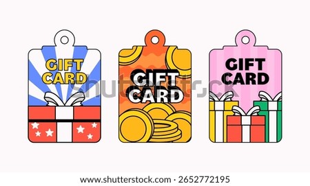 Three illustrated gift card tags in vibrant styles featuring gift boxes, coins, and decorative patterns  for promotions, holidays, birthdays, or special offers