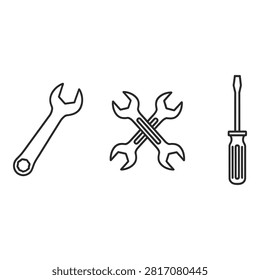 Three illustrated hand tools one openended wrench two crossed wrenches and a screwdriver depicted as simple line art icons isolated on transparent background