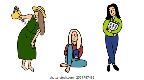 Three illustrated women: one watering plants, one sitting with a book, and one holding papers