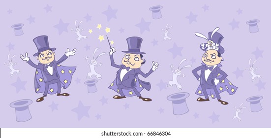 three Illustration of a magician  with a rabbit out of the hat and magic stick in his hands