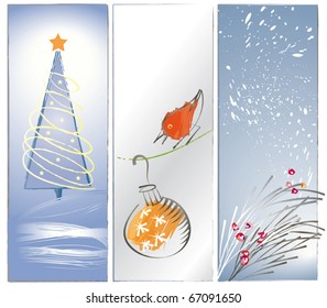 Three illustrations for borders, banners, or backgrounds in a loose, brushy, artistic sumi-e style with Christmas nature themes.