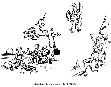 Three illustrations of the countryside vacation: BBQ, guitar, fishing, mountain hiking, sailing