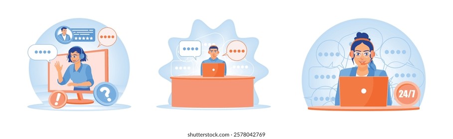 Three illustrations depicting customer support interactions a help desk representative, a live chat box, and a 24 7 support agent. Emphasizes communication, assistance, and professional service