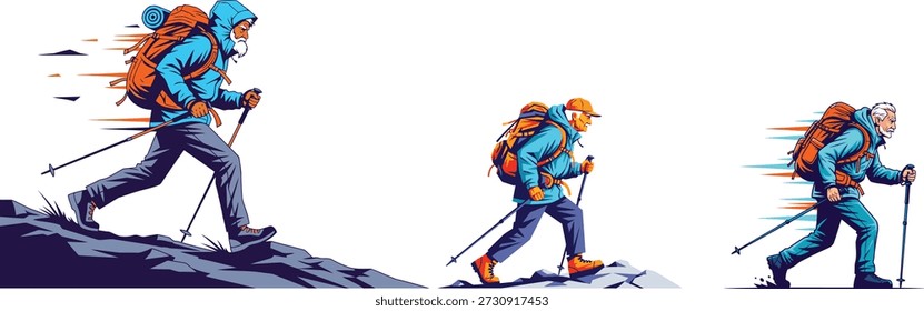Three illustrations of an elderly man with a white beard and mustache, wearing a blue jacket and orange backpack, hiking with trekking poles. He is depicted on rocky terrain against a white background, with abstract orange and blue elements behind him suggesting motion.
