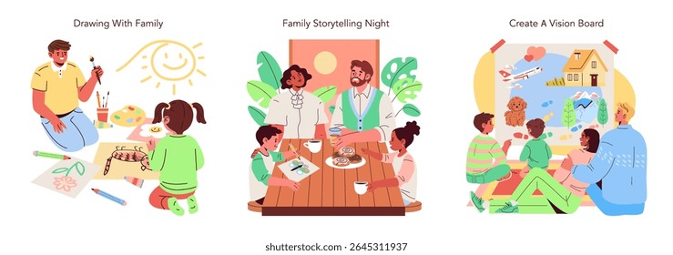 Three illustrations featuring family activities: drawing, storytelling, and vision board creation. Each depicts family members engaged, fostering creativity and bonding moments.
