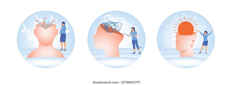 Three illustrations featuring themes of mental wellbeing, personal growth and self-care. Emphasizes solutions, balance, and thoughtfulness. Mental Health concept. Set flat vector illustration.