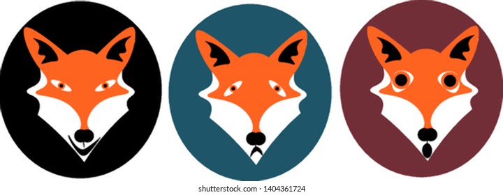 Three illustrations of fox showing various emotions; happy, sad, surprised, vector, color drawing or illustration. 