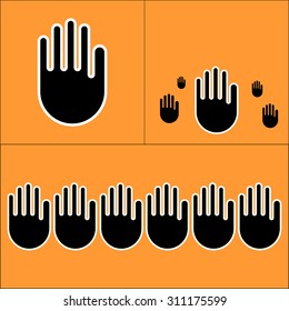 Three illustrations with hands in STOP gesture on orange background