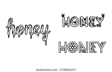 Drei Illustrationen der Honigtypografie mit Bienen und Waben