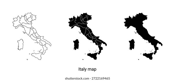 Tres ilustraciones del mapa de Italia en diferentes estilos, blanco y negro, sobre un fondo blanco puro, con diferentes niveles de detalle y textura.