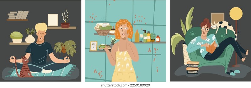 Three illustrations on the theme of hobbies, leisure, pastime, relaxing enjoyable activities for fun and joy. Uplifting things, happy men, women, people enjoying their holidays. 