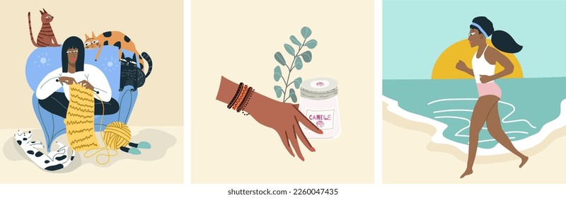 Three illustrations on the theme of hobbies, leisure, pastime, relaxing enjoyable, home and outdoor activities, for fun and joy. Uplifting things, happy men, women enjoying their holyday.