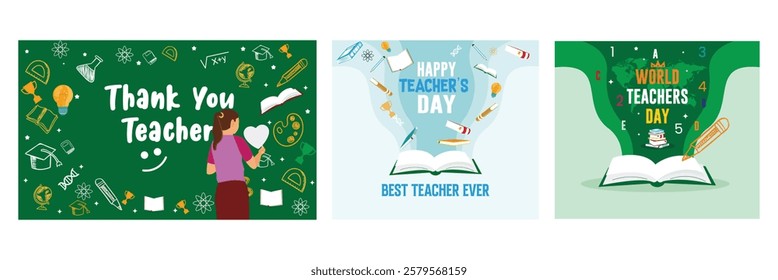 Three illustrations on the theme of Teacher's Day. Appreciation of educators with greetings and educational elements. Teacher's Day concept. Set flat vector illustration.