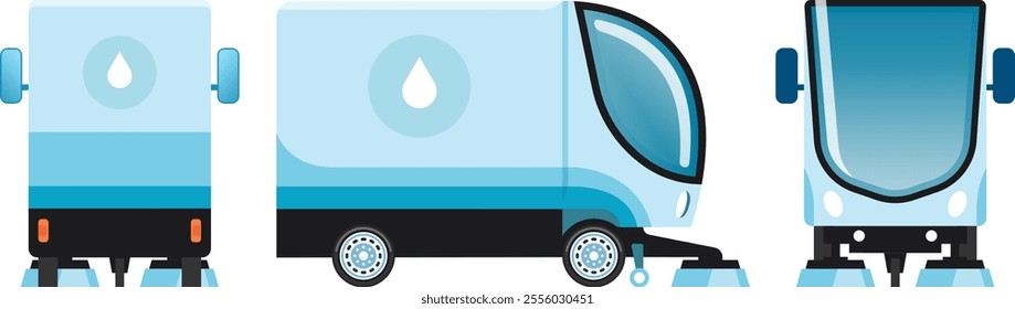 Three illustrations presenting different perspectives of a compact street cleaning vehicle, showcasing its design and functionality for urban hygiene