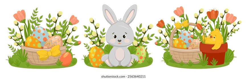 Three illustrations with a rabbit, a chick, painted eggs in a basket and spring flowers. Easter children s stories. Vector illustration for a poster, greeting card or invitation, labels or tags