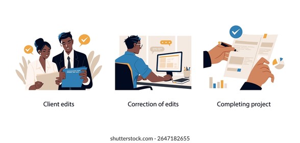 Três ilustrações que representam comentários de clientes, editam revisões e finalizam um projeto comercial em um espaço de trabalho digital profissional.