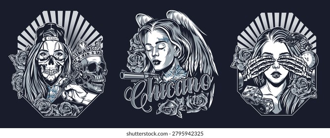 Three illustrations show different aspects of tattoo culture. The first has a woman with a skull the second features an angelic figure and the third has a woman covering her eyes.
