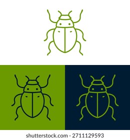 Three illustrations showcase a simplified green insect design. The vector graphics feature clean lines and a minimalist style. Presented against white, green, and dark blue backgrounds, the images offer versatility. Suitable for graphic design projects, website elements, or other creative visual uses. They are adaptable for diverse purposes.