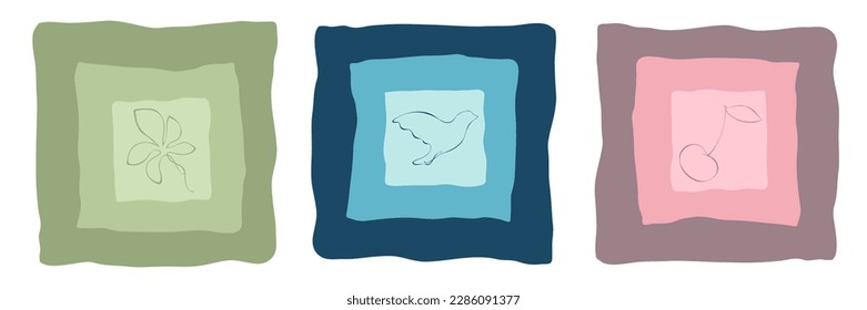Tres ilustraciones en colores de moda con hoja de contorno de una línea, pájaro, cerezo aislado en blanco para web, tela, envoltura, ropa, bolso de estilo, cuaderno, tarjeta, afiche.