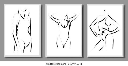 Tres ilustraciones. Conjunto vectorial de ilustraciones de un hermoso cuerpo femenino. Figura femenina lineal minimalista. Ropa interior abstracta.