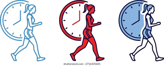 Three illustrations of a woman walking with a clock symbol, representing time and exercise or health