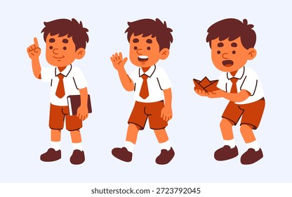 Três ilustrações de um jovem estudante de uniforme mostrando poses e atividades diferentes, perfeitas para temas educacionais ou infantis.