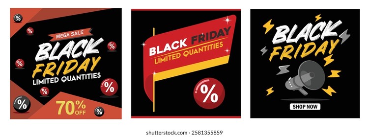 Three illustrative banners featuring Black Friday sales promotions with bold text, percentage symbols and megaphone graphics. Perfect for online shopping advertising during the annual shopping event. 