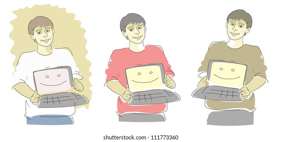 three image of guy with repaired computer