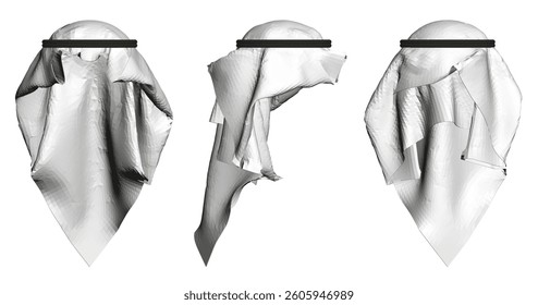 Three images of a Arab hat with a black band around it. The cloth is torn and the band is torn as well